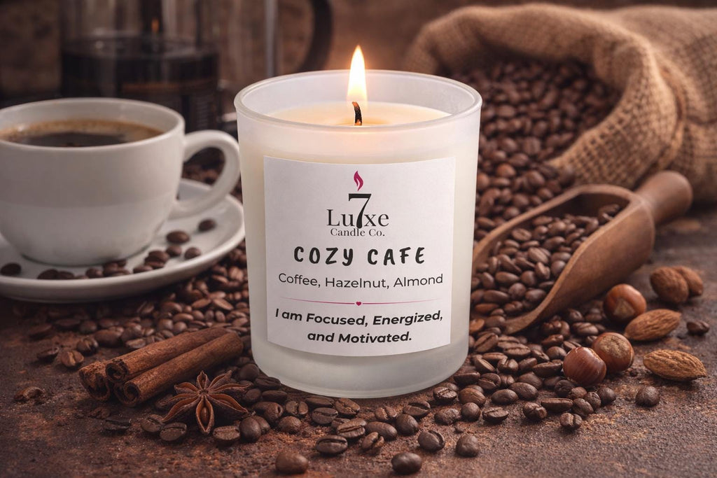 Cozy Cafe | Soy Coconut Candle 8oz | Lemon Jasmine Bamboo | Clean Burn Luxury Candle | Frosted White Jar | Cotton Wick | Affirmation Candle