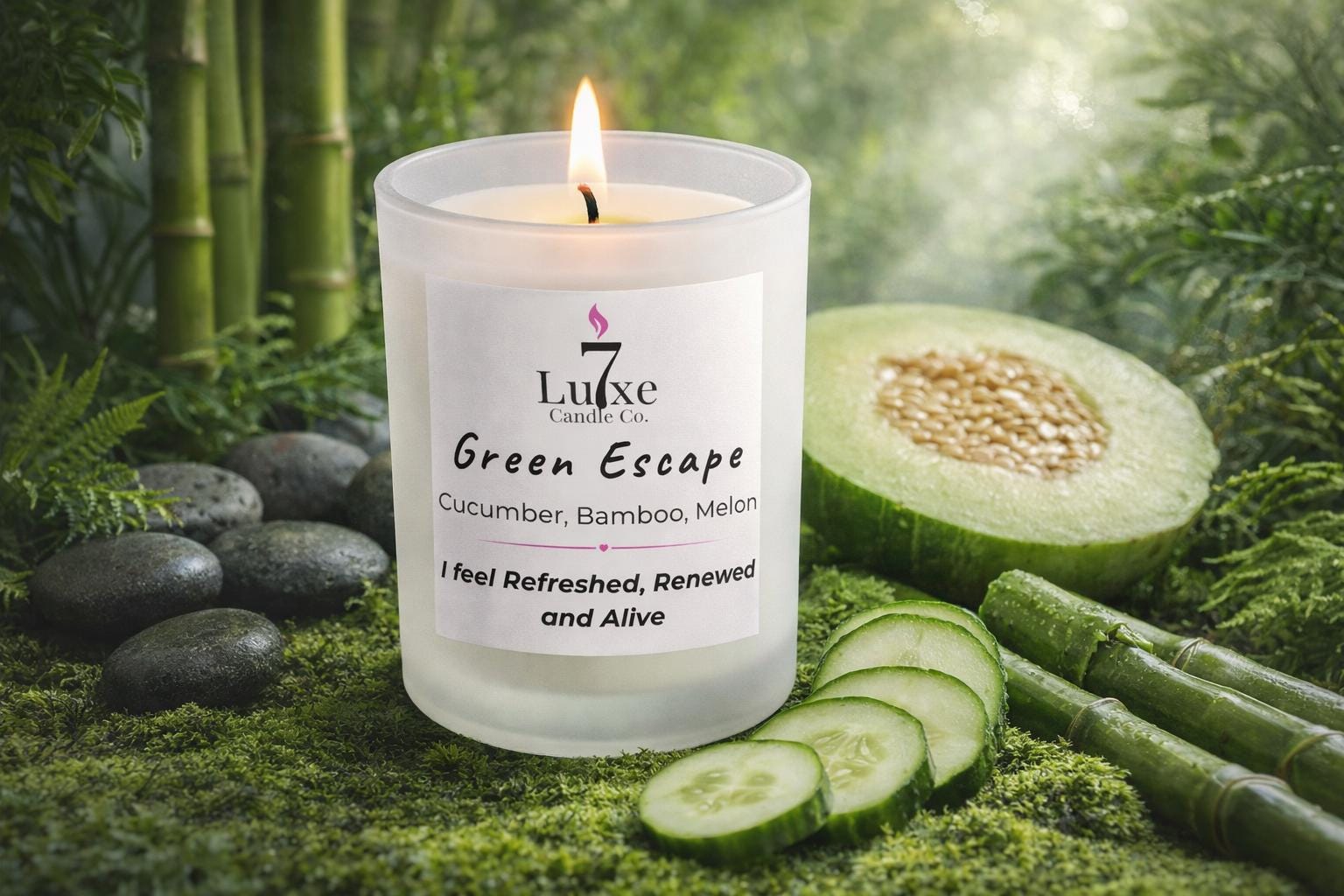 Green Escape | Soy Coconut Candle 8oz | Lemon Jasmine Bamboo | Clean | Luxury Candle | Frosted White Jar | Cotton Wick | Affirmation Candle