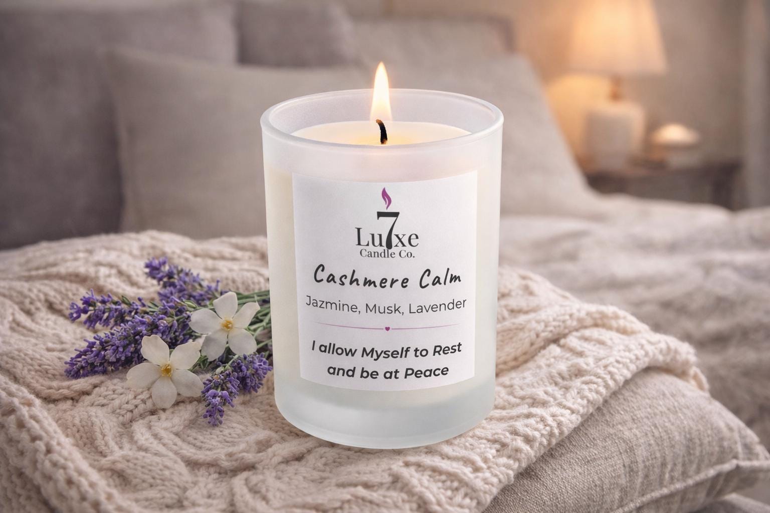 Cashmere Calm Soy Coconut Candle 8oz | Lemon Jasmine Bamboo | Clean | Luxury Candle | Frosted White Jar | Cotton Wick | Affirmation Candle