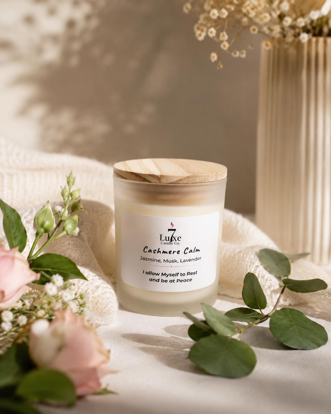 Cashmere Calm Soy Coconut Candle 8oz | Lemon Jasmine Bamboo | Clean | Luxury Candle | Frosted White Jar | Cotton Wick | Affirmation Candle