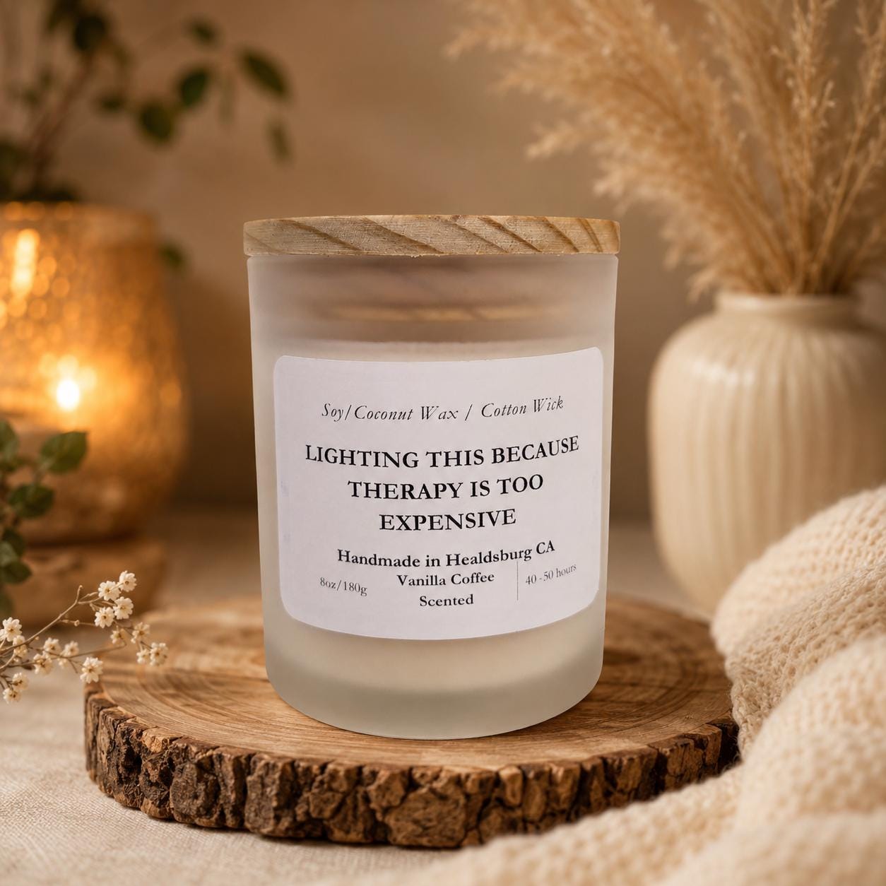 Humorous | Soy Coconut Candle 8oz | Vanilla Coffee Scented | Luxury Candle | Frosted White Jar