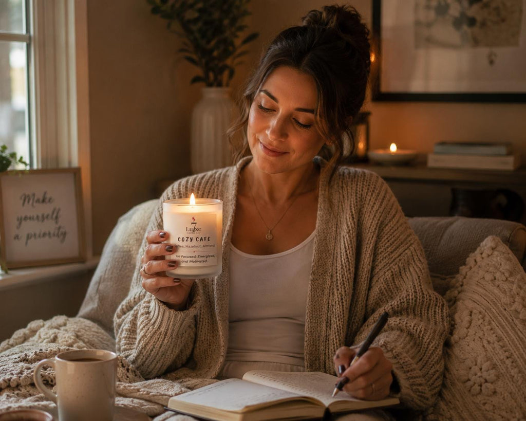Cozy Cafe | Soy Coconut Candle 8oz | Lemon Jasmine Bamboo | Clean Burn Luxury Candle | Frosted White Jar | Cotton Wick | Affirmation Candle
