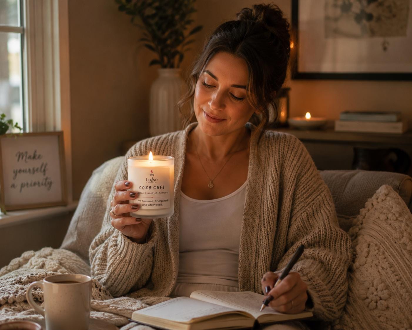 Cozy Cafe | Soy Coconut Candle 8oz | Lemon Jasmine Bamboo | Clean Burn Luxury Candle | Frosted White Jar | Cotton Wick | Affirmation Candle