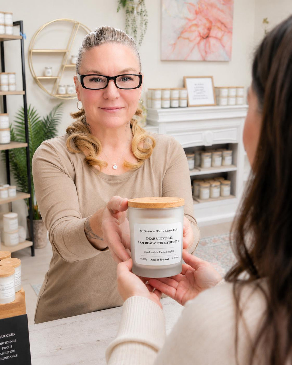 Humorous | Soy Coconut Candle 8oz | Amber Scented | Luxury Candle | Frosted White Jar