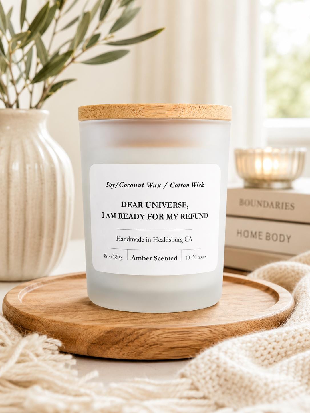 Humorous | Soy Coconut Candle 8oz | Amber Scented | Luxury Candle | Frosted White Jar