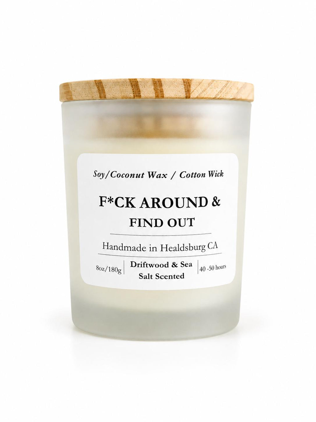 Humorous | Soy Coconut Candle 8oz | Driftwood & Sea Salt Scented | Luxury Candle | Frosted White Jar