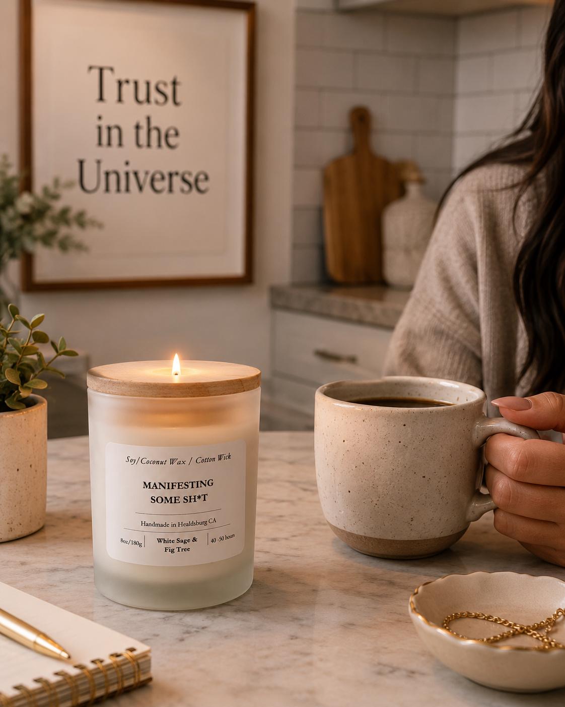 Humorous | Soy Coconut Candle 8oz | White Sage and Fig Tree Scented | Luxury Candle | Frosted White Jar