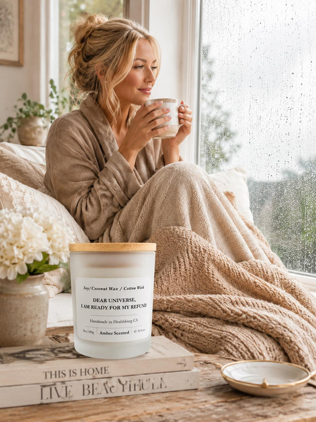 Humorous | Soy Coconut Candle 8oz | Amber Scented | Luxury Candle | Frosted White Jar