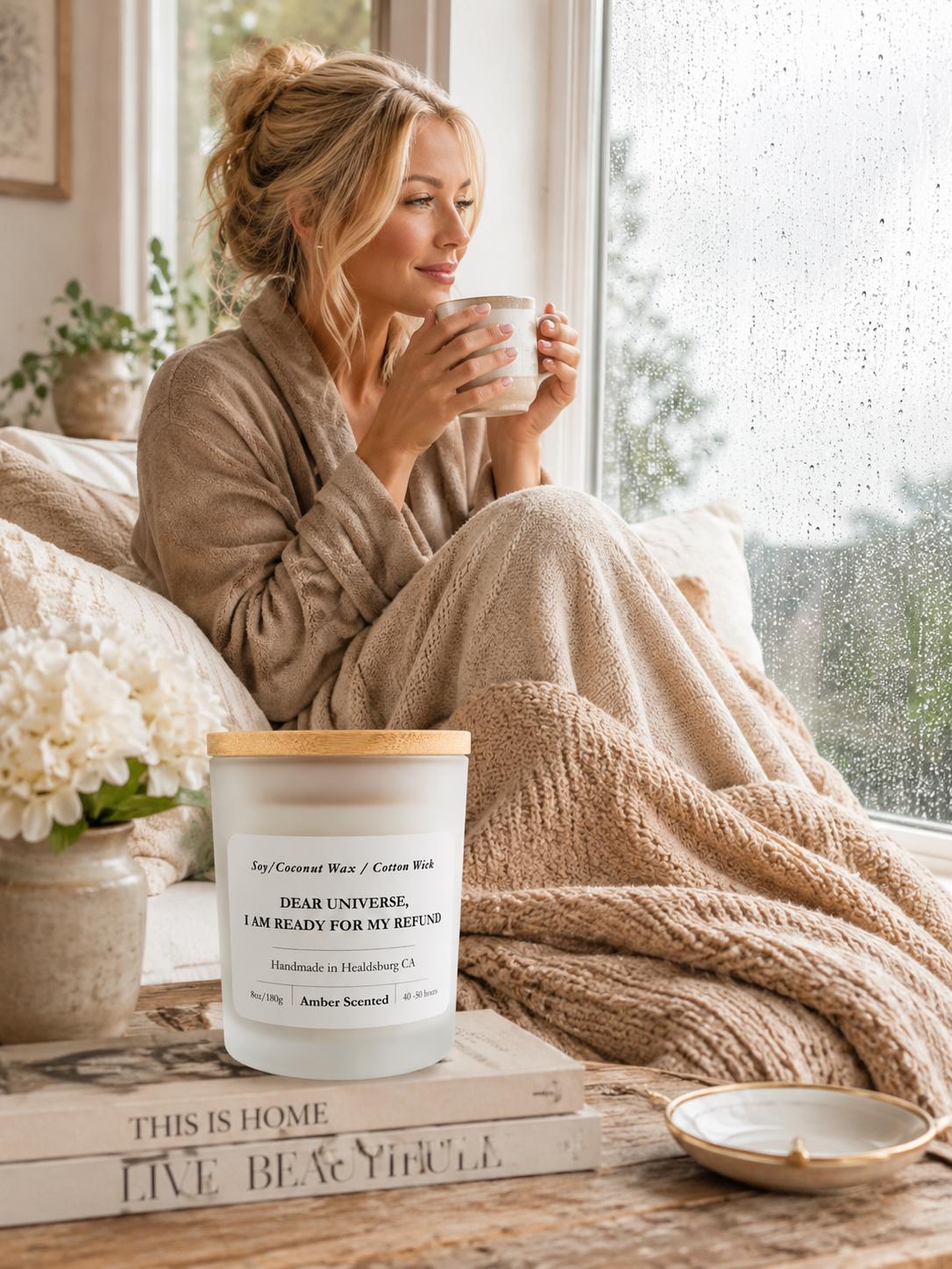Humorous | Soy Coconut Candle 8oz | Amber Scented | Luxury Candle | Frosted White Jar