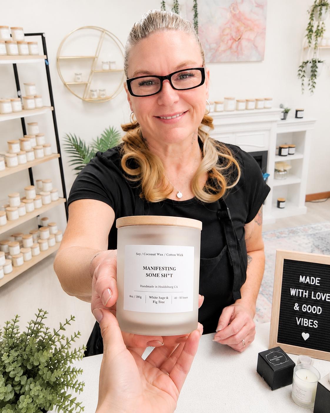 Humorous | Soy Coconut Candle 8oz | White Sage and Fig Tree Scented | Luxury Candle | Frosted White Jar